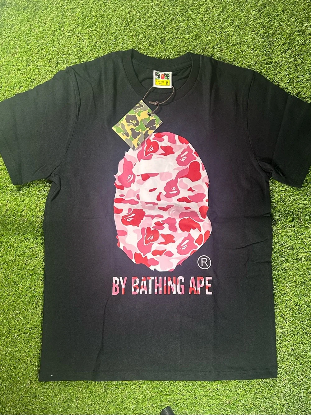 Bape Black Tee with Pink Camo Ape Logo